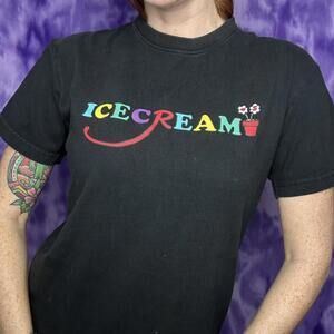 Ice Cream black graphic tee with rainbow spell out logo and plant pot